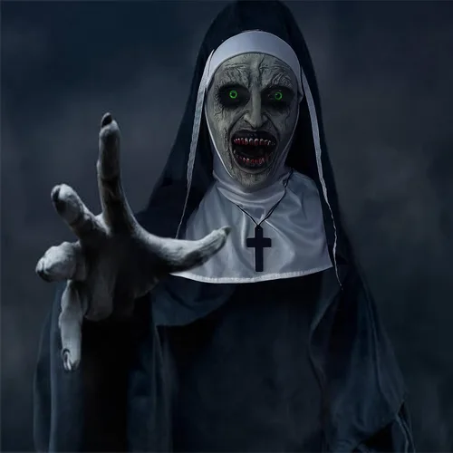 Vista 4 de Máscara espeluznante de monja de Halloween, para adultos, máscara aterradora de Halloween con colgante de cruz para fiestas de máscaras, casas