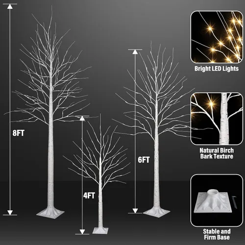 Vista 2 de iBaycon Árboles de abedul de 4 pies, 6 pies y 8 pies, juego de 3 árboles de abedul LED iluminados con temporizador de 8 modos, árboles preiluminados