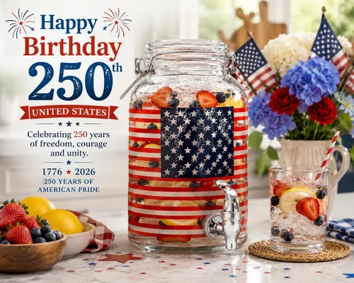 Vista 2 de Dispensador de bebidas de vidrio de 1 galón con espita – Dispensador de bebidas con bandera estadounidense del 250 aniversario, a prueba de fugas