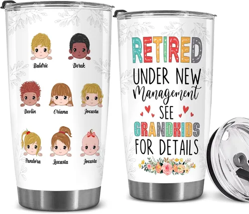 Vista 16 de WHIDOBE Vaso de jubilado personalizado (1 niño) personalizado jubilado bajo nueva administración, mira a los nietos para obtener detalles, vaso