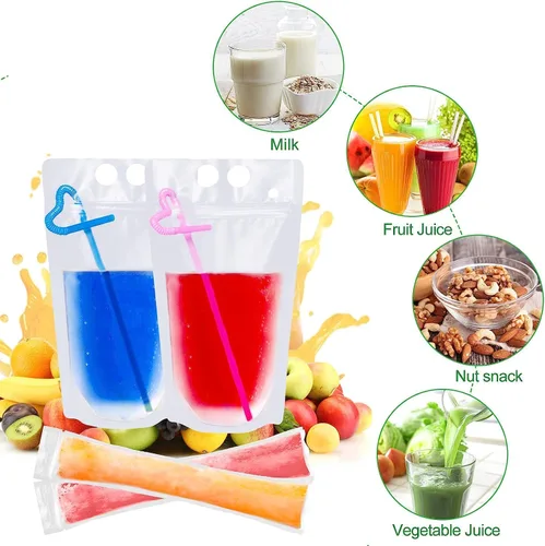 Vista 4 de 100 bolsas de doble cremallera para bebidas con 100 popotes y 30 bolsas de paletas plegables de mano resistentes para batidos, bebidas frías