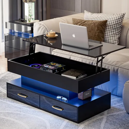 Vista 10 de IKIFLY Moderna mesa de centro LED elevable, alto brillo con compartimento oculto y 2 cajones, parte superior elevadora para sala de estar