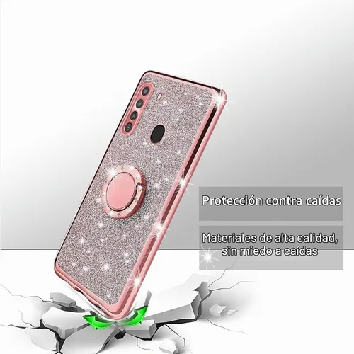 Vista 7 de Funda protectora para Samsung Galaxy A21 para mujer, con purpurina, suave, transparente, TPU de lujo, con correa de atril para A21 (rosa brillante)