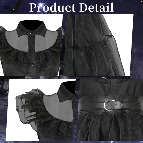 Vista 5 de Pigmiss Wednesday Addams - Vestido de disfraz para niñas con peluca Addams, cosa familiar, mano, Halloween, disfraz de cosplay para niños