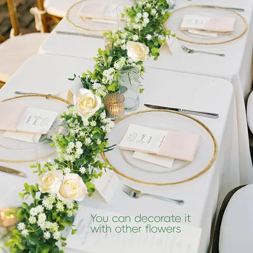 Vista 5 de Guirnalda de eucalipto con flores de 6 pies, paquete de 2 guirnaldas artificiales de eucalipto colgantes de verano adecuadas para mesa, boda, telón