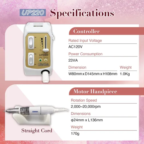 Vista 5 de [Upower] Máquina perforadora de uñas profesional UP220, lima eléctrica de 20000 RPM para uñas, bajo ruido y baja vibración, uso doméstico y de salón