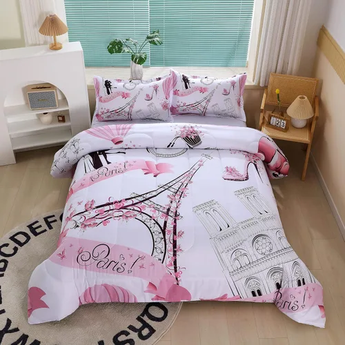 Vista 11 de Suncloris Paris - Juego de edredón Queen de la Torre Eiffel, fundas de almohada de hojas de arce para parejas (rojo, Queen)