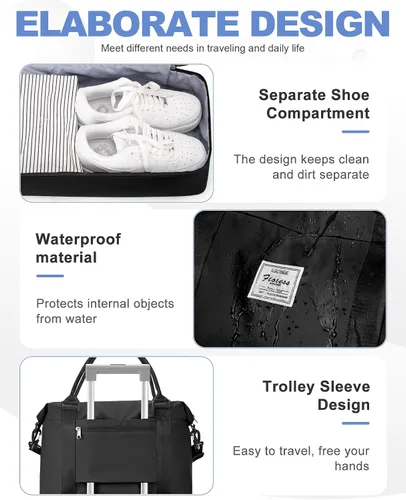 Vista 5 de Bolsa de viaje para mujer, bolsa deportiva para gimnasio, H-Negro