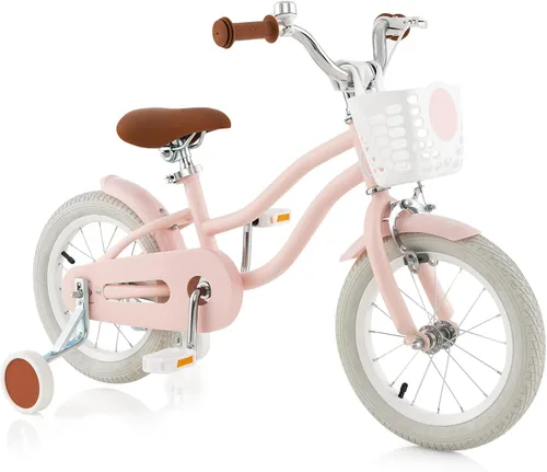 Vista 12 de COSTWAY Bicicleta para niños de 12, 14, 16, 18 pulgadas, bicicleta para niños con ruedas de entrenamiento, frenos de mano y posavasos, sillín