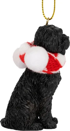 Vista 4 de Perro de agua portugués negro árbol de Navidad ornamento tela caramelo bastón bufanda