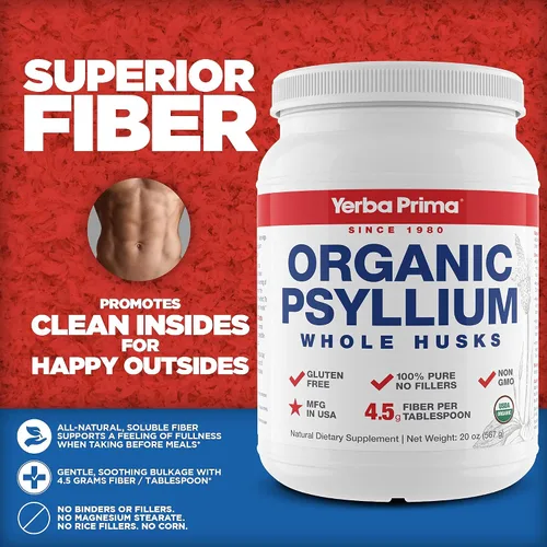 Vista 5 de Yerba Prima Cáscaras Enteras de Psyllium Orgánico Limpiador de Colon - 20 oz - Suplemento Dietético Natural Diario de Fibra 20oz, Limpiador