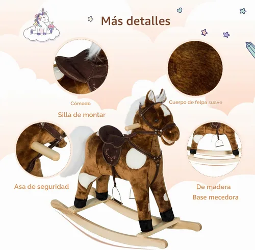 Vista 4 de Qaba Kids - Silla de montar con peluche de caballo mecedora de metal con música de canciones infantiles - Marrón oscuro Niños, felpa de metal