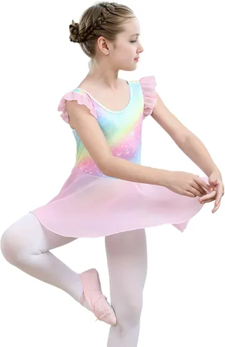 Vista 6 de iLover Vestido de leotardo clásico con tutú y mangas con volantes para niñas, para danza, gimnasia y ballet