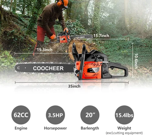 Vista 4 de COOCHEER Motosierras a gas de 62 cc, motosierra de gasolina de 20 pulgadas y 3.5 HP de 2 tiempos con tocones de árboles, extremidades, tala