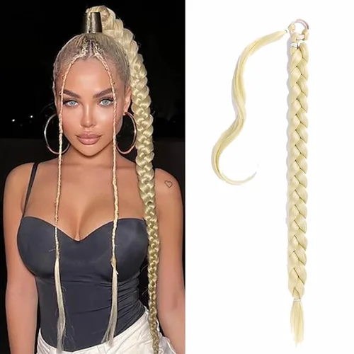 Vista 17 de Extensión de cola de caballo de trenza larga con lazo elástico, 1 unidad, extensiones de cabello sintético lacio y elegante envolvente para mujer