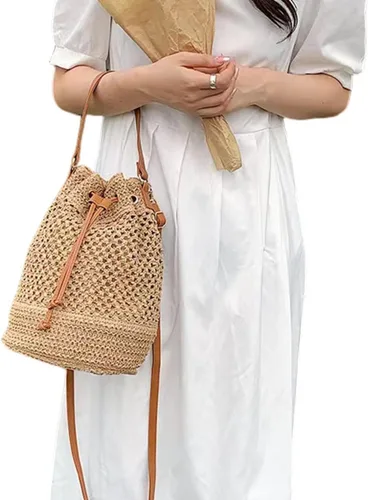 Vista 4 de Bolso pequeño de paja con cordón para mujer, bolso de hombro hueco para verano, playa