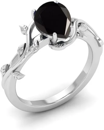 Vista 2 de foreverblings Anillo de plata de ley 925 de ónix negro, anillo de plata de ley corte de pera, anillo de declaración de hoja de vid para mujer