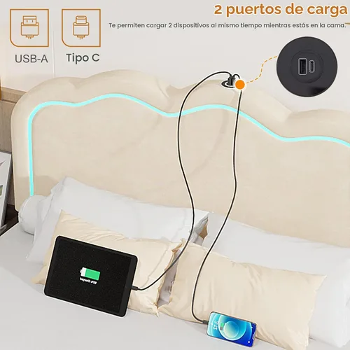 Vista 4 de VECELO Base de cama tapizada tamaño Queen con cabecero ajustable, luces LED, USB-A y tipo C, plataforma de terciopelo sin ruido, base de colchón