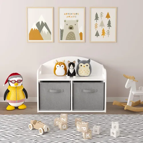 Vista 7 de Timy Organizador de almacenamiento de juguetes de madera para niños, con cajones de tela plegables, gabinete de almacenamiento de juguetes