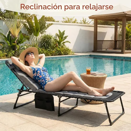 Vista 2 de TLSUNNY Sillón plegable acolchado con almohada y bolsillo lateral Negro- gris