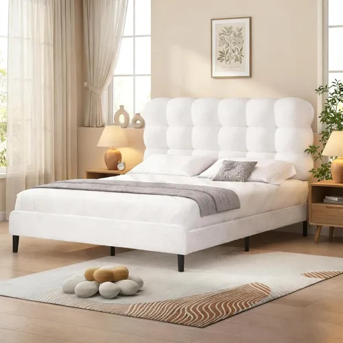 Vista 8 de Base de cama individual BarnFurin con cabecera tapizada, tela suave tipo bouclé, cama plataforma con fuerte soporte de listones de madera, diseño