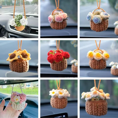 Vista 7 de Accesorios de coche de ganchillo,Lindas plantas en maceta Crochet Car Mirror Hanging Accesorios,Accesorios de espejo retrovisor de punto hecho a
