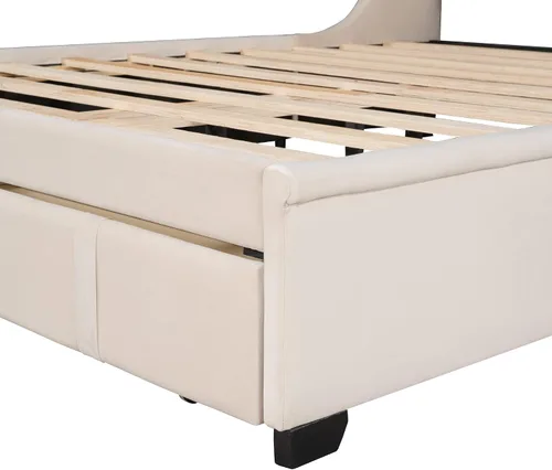 Vista 7 de Moderna cama de almacenamiento de madera, cama de plataforma tamaño Queen con un cajón grande, cama de plataforma tapizada de terciopelo