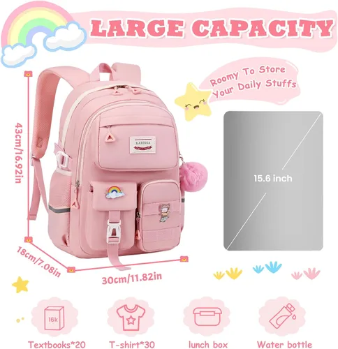 Vista 2 de Mochila Kawaii para niñas, mochila para escuela, bonita mochila con múltiples bolsillos, mochila de moda para escuela primaria y secundaria, Rosado