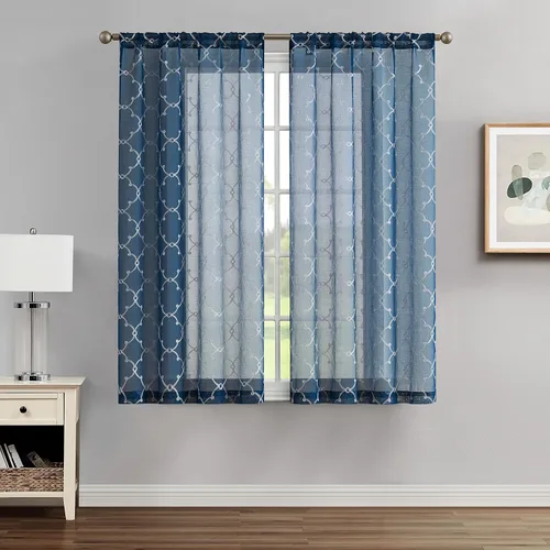 Vista 5 de Creative Home Ideas Cortinas transparentes (2 paneles, 38 x 63 pulgadas, azul), paneles de cortina geométricos bordados con alzapaños, cortinas