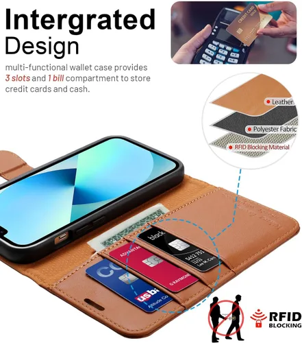 Vista 3 de Funda tipo cartera para iPhone 13/iPhone 14 con tarjetero [funda de cuero de alta calidad] [bloqueo RFID]