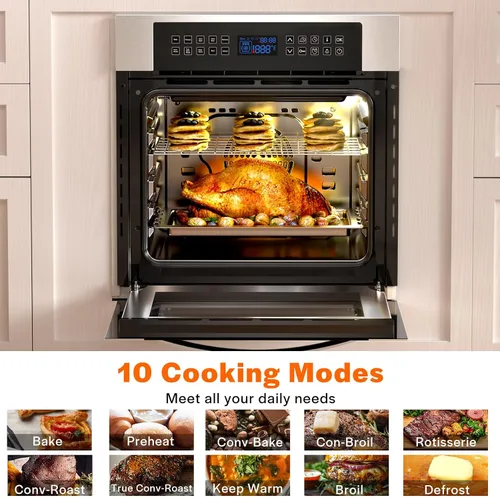 Vista 4 de Empava Horno eléctrico de pared individual integrado de 24 pulgadas con convección y asador, 10 modos de cocción, control táctil de pantalla, acero