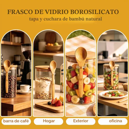 Vista 3 de Tarro de vidrio hermético con tapa y cuchara de bambú, recipientes de vidrio de 15 onzas con tapa para té de granos de especias, recipiente
