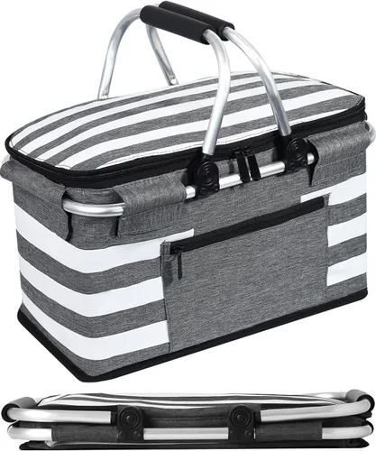 Vista 13 de Cesta de picnic aislada, bolsa enfriadora plegable, cesta de comestibles de 32 litros con tapa, 2 asas resistentes, cesta de almacenamiento