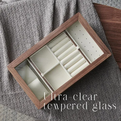 Vista 4 de Beexchange Joyero de madera de nogal negro, hecho a mano, tapa de cristal, regalo para mujeres, hombres y niñas. Organizador de joyas (una sola capa)