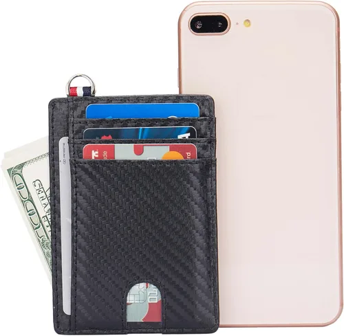 Vista 7 de Billetera delgada minimalista con bolsillo frontal, bloqueo RFID de viaje, billetera delgada de cuero, tarjetero para tarjetas de crédito