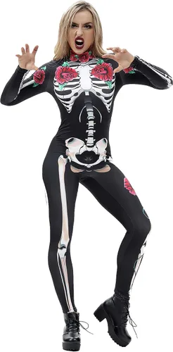 Vista 18 de Honeystore - Enterizo para disfraz de esqueleto para mujer, para Halloween, malla entera, leotardo, para cosplay Color06