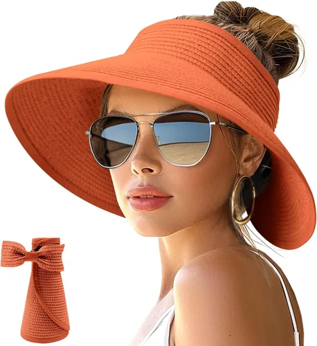 Vista 21 de NPJY Sun Hats for Women Wide Brim Roll-Up Ponytail Packable Straw Visor Blanco