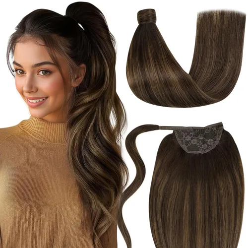 Vista 15 de LaaVoo Extensión de cola de caballo de cabello humano marrón para mujer, extensiones de cola de caballo marrón oscuro, extensiones de cabello humano