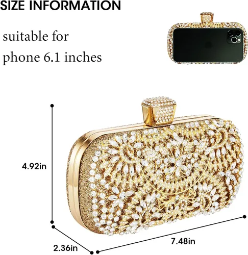 Vista 2 de Geckowi Bolsos de mano para mujer, bolsos de noche dorados, formales, brillantes, con diamantes de imitación, para fiesta, boda, cóctel, baile