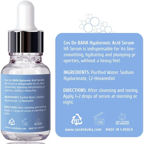 Vista 6 de Cos De BAHA - Suero hialurónico de 1 onza líquida, hialuronato de sodio puro, 10,000 ppm, suero facial hidratante para piel seca y deshidratada