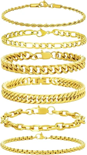 Vista 7 de XIANNVXI Juego de 6 pulseras de acero inoxidable para hombre y mujer, color plateado/dorado/negro, pulseras de eslabones cubanos, estilo soga