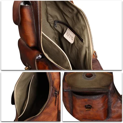 Vista 7 de Bolso bandolera grande de cuero genuino para hombres y mujeres, mochila vintage de cuero real, bolsa cruzada de hombro, bolsa de pecho