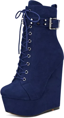 Vista 11 de HDEUOLM Botas de tobillo con tacón de plataforma de cuña alta para mujer, botines cortos con cordones y cremallera Negro