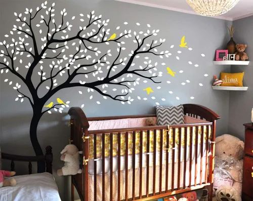 Vista 5 de Vinilo decorativo para pared de árbol grande con pájaros y hojas que soplan en el viento, adhesivo mural de bosque