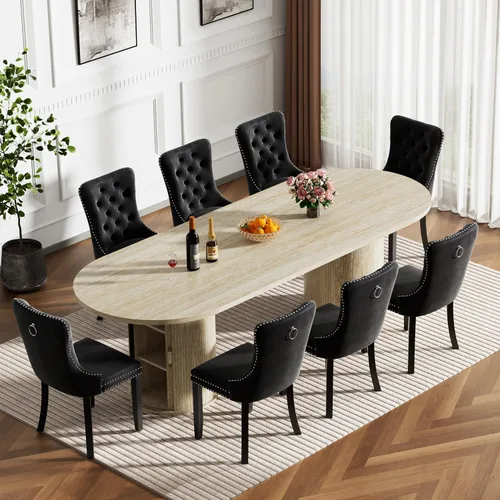 Vista 10 de Mesa de comedor redonda extensible con base de almacenamiento, mesa de comedor expandible natural de 63 a 94 pulgadas para 10 personas, mesa