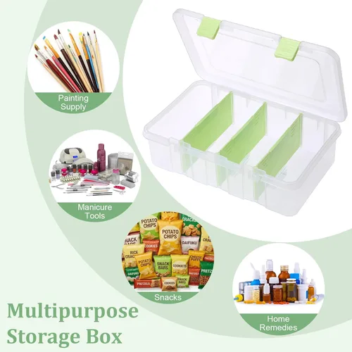 Vista 7 de BTSKY Caja de almacenamiento divisoria de plástico transparente con 4 compartimentos, contenedor de almacenamiento ajustable con tapa, contenedor