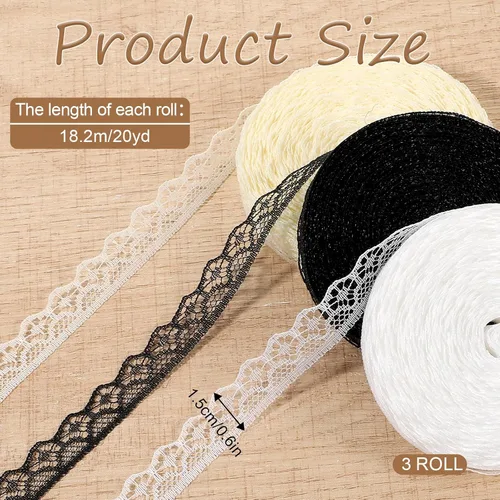 Vista 2 de Rollo de cinta de encaje de 60 yardas de 0.6 pulgadas de ancho, para decoración de bodas, ramo y embalaje de regalo (negro, blanco, beige)