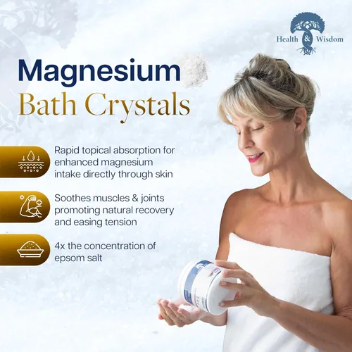 Vista 2 de Health and Wisdom Cristales de baño de magnesio – Sales de baño con alta concentración y absorción mejorada para alivio muscular y articular