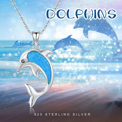 Vista 6 de TUGHRA 925 Sterling Silver Ocean Necklace Summer Jewelry SharkDolphin Pendant Necklaces Blue Opal Ocean Necklace Cute Ocean Animal Gift for Women