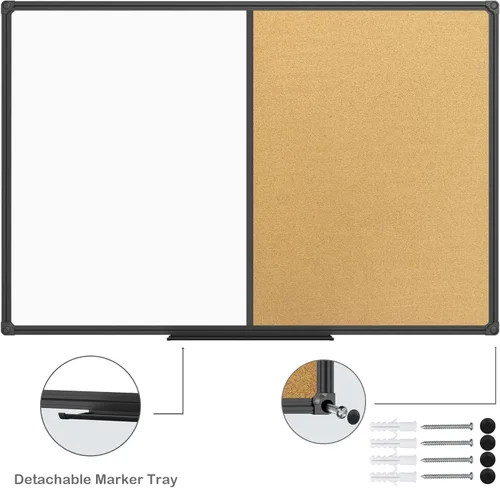 Vista 3 de Pizarrón blanco y corcho combinados para anuncios, tablero combinado 36 x 24 de pizarra magnética, marco de aluminio negro montado en la pared